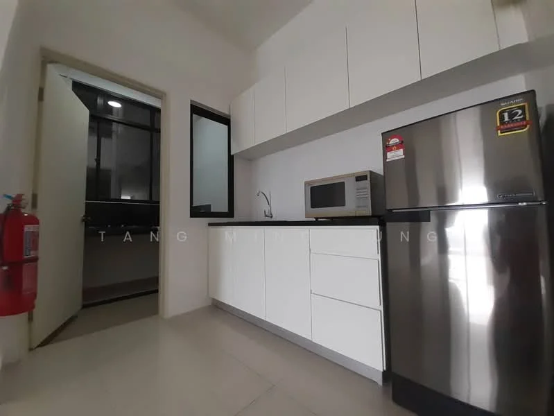 Kitchen features: white cabinetry, black countertop, single-bowl stainless-steel sink, chrome pull-down faucet, built-in microwave, stainless-steel fridge, fire extinguisher, tile flooring, wall-mounted cabinet, open shelving, window with black frame; style: modern.