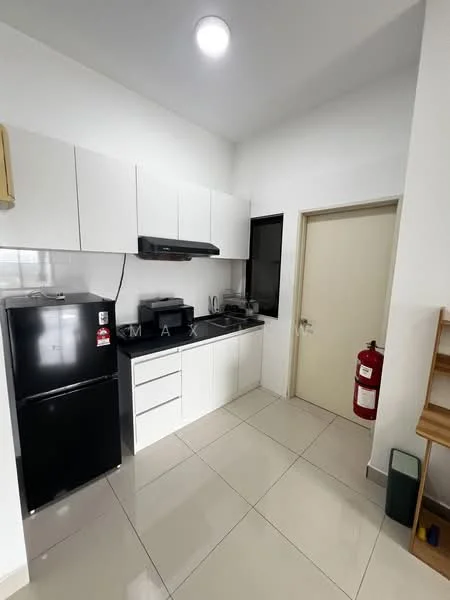 Kitchen features: white cabinetry, black countertop, stainless-steel sink, chrome pull-down faucet, built-in gas stove, exhaust hood, black fridge, ceramic tile flooring, recessed ceiling lights, window with black frame, fire extinguisher, open shelving; style: modern.
