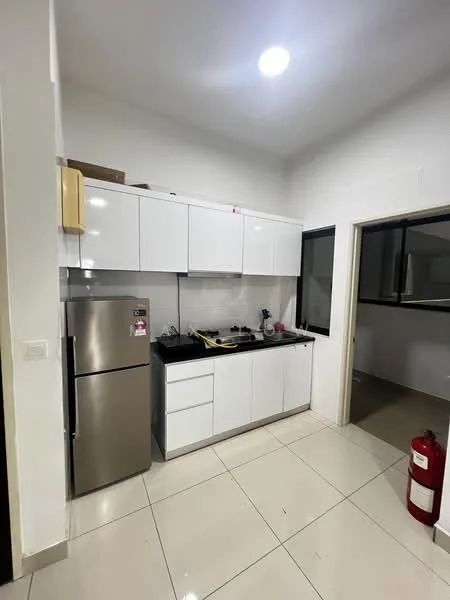 Kitchen features: white cabinetry, black countertop, stainless-steel fridge, built-in gas stove, single-bowl stainless-steel sink, chrome pull-down faucet, tile backsplash, ceramic tile flooring, recessed downlights, window with black frame, fire extinguisher; style: modern.