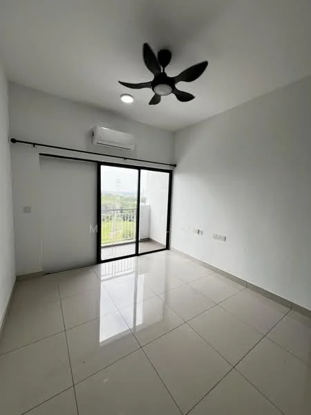 Room features: white painted walls, glossy ceramic tile flooring, 5-blade ceiling fan with light, sliding glass door, floor-to-ceiling windows, air conditioning unit, balcony access; style: modern; view: city.