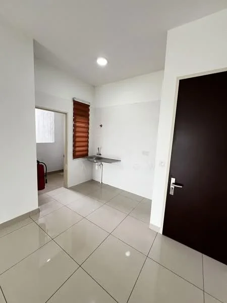 Room features: white painted walls, glossy ceramic tile flooring, single-bowl stainless-steel sink, wall-mounted faucet, window with wooden slats, recessed ceiling light, door with dark wood finish, open space layout; style: modern.