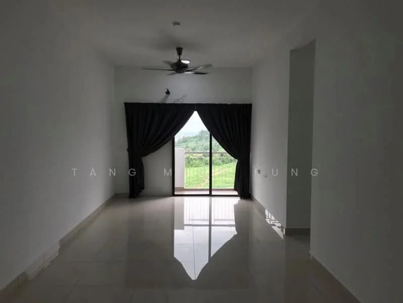 Living features: white painted walls, glossy tile flooring, 5-blade ceiling fan, floor-to-ceiling sliding glass door, blackout curtains, view of greenery; style: modern; view: garden.