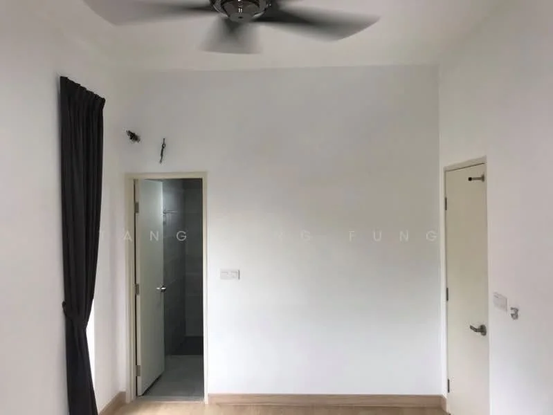 Room features: white painted walls, wooden flooring, 5-blade ceiling fan, door leading to bathroom, door leading to another room, curtains, light switch.