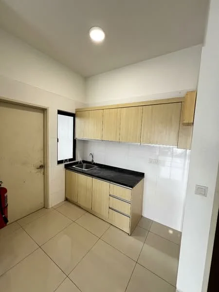 Kitchen features: light wood cabinetry, black countertop, single-bowl stainless-steel sink, chrome faucet, white tiled backsplash, white walls, tile flooring, window above sink, door leading to hallway, overhead lighting; style: modern.
