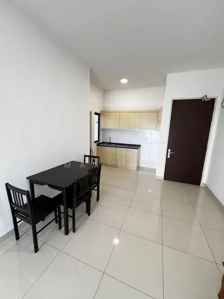 Dining features: black dining table with four chairs, white painted walls, glossy ceramic tile flooring, recessed ceiling lights, kitchen cabinetry with wood finish, black countertop, white backsplash, kitchen sink, stainless-steel faucet, open layout to kitchen; style: modern.