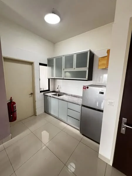 Kitchen features: grey and white cabinetry, granite countertop, single-bowl stainless-steel sink, chrome pull-down faucet, built-in oven, stainless-steel fridge, ceramic tile flooring, recessed ceiling light, fire extinguisher mounted on wall, white tiled backsplash; style: modern.