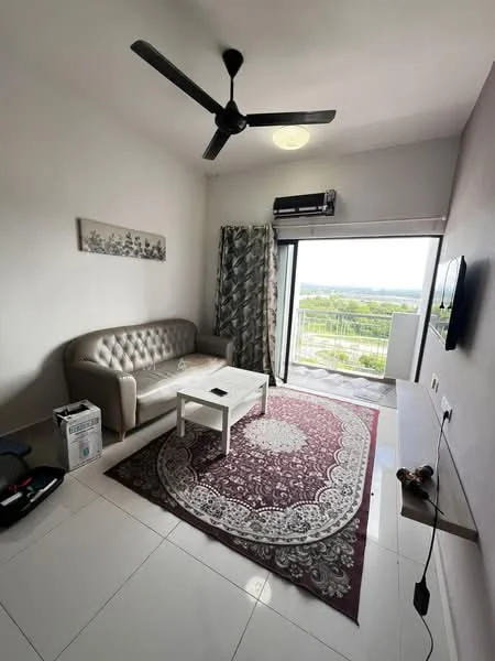 Living features: 3-seater fabric sofa in beige, coffee table, area rug with intricate pattern, floor-to-ceiling windows, sliding glass door, curtains with floral pattern, wall-mounted TV, ceiling fan with light, wall-mounted air conditioning unit, white painted walls, glossy tile flooring, decorative wall art; style: modern; view: garden.