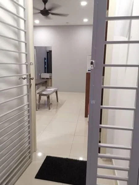 Room features: white painted walls, glossy tile flooring, ceiling with recessed downlights, 5-blade ceiling fan, wooden table, mirror, doorway, black doormat; style: modern.