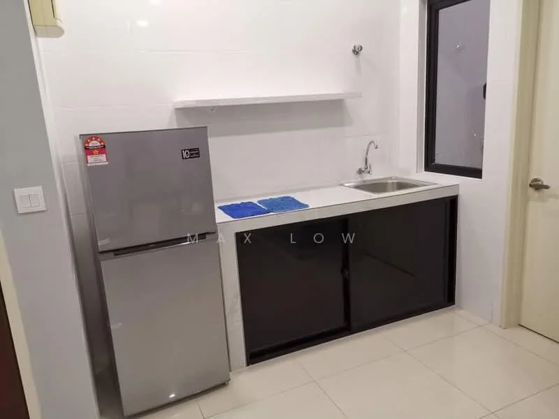Kitchen features: white tiled walls, white countertop, black cabinetry, stainless-steel sink, chrome faucet, stainless-steel fridge, two blue dish drying mats, wall-mounted shelf, tile flooring, window with black frame; style: modern.