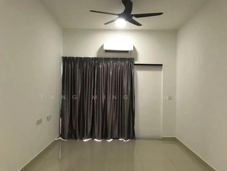 Room features: white painted walls, glossy tile flooring, 5-blade ceiling fan with light, dark grey curtains, wall-mounted split AC, doorway leading to another space.