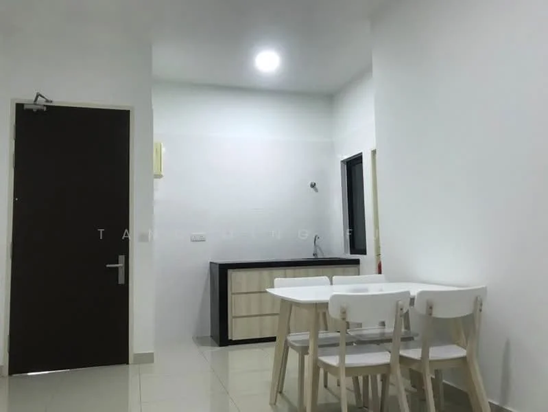 Room features: white painted walls, glossy tile flooring, single-bowl stainless-steel sink, black countertop, wooden cabinetry, window with black frame, dining table with four chairs, ceiling light fixture; style: modern.