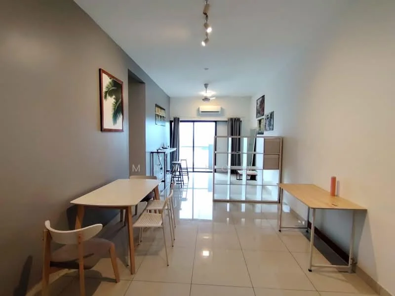 Living features: grey accent wall, white painted walls, glossy tile flooring, 5-blade ceiling fan with light, floor-to-ceiling windows, sliding glass door, white sheer curtains, two dining tables, white shelving unit, decorative artwork on walls; style: modern; view: city.