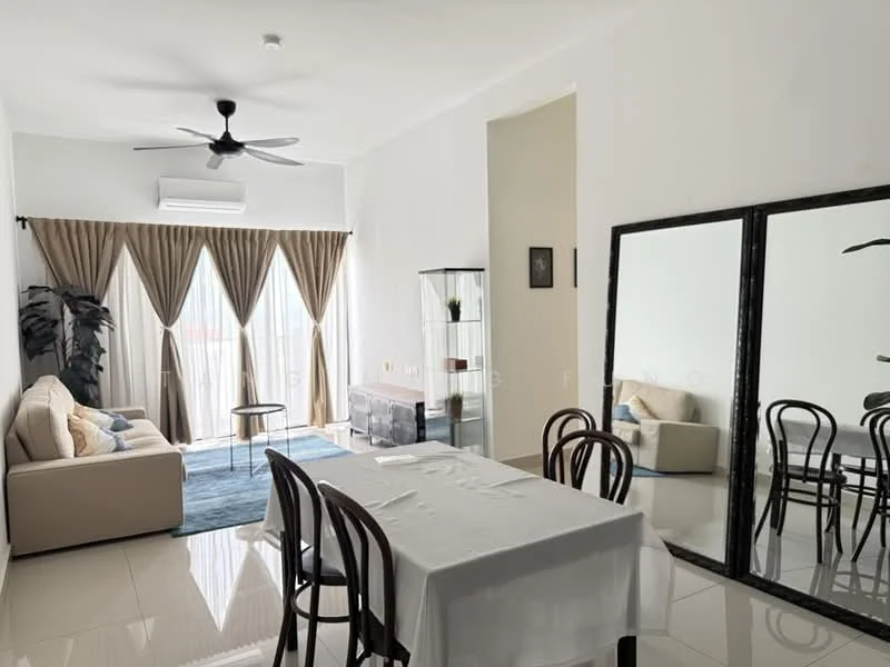 Living features: 3-seater fabric sofa in beige, ceiling fan with light, floor-to-ceiling windows, sheer curtains, white painted walls, polished tile flooring, decorative mirror, area rug with geometric pattern, indoor plant in ceramic pot, glass display cabinet; style: modern. Dining features: 6-seater dining table, wooden dining chairs, white tablecloth; style: modern.