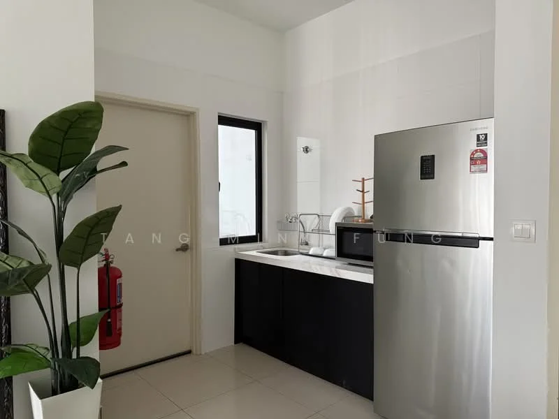 Kitchen features: black cabinetry, white tiled backsplash, stainless-steel fridge, single-bowl stainless-steel sink, chrome pull-down faucet, countertop with space for appliances, fire extinguisher mounted on wall, window for natural light, tile flooring, plant in ceramic pot; style: modern.