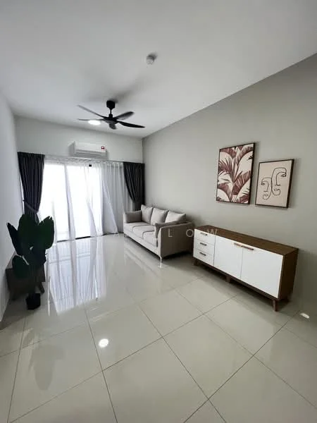 Living features: 3-seater fabric sofa in light grey, white sideboard with wooden legs, floor-to-ceiling windows, sliding glass door, sheer curtains, dark curtains, ceiling fan with light, white painted walls, glossy tile flooring, decorative wall art with tropical theme, indoor plant in pot; style: modern; view: garden.