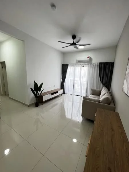 Living features: light grey fabric sofa, wooden TV console, white walls, glossy ceramic tile flooring, 5-blade ceiling fan, floor-to-ceiling windows, sheer curtains, dark grey curtains, decorative wall art, indoor plant; style: modern.