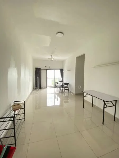 Living features: white painted walls, glossy ceramic tile flooring, recessed downlights, ceiling fan, floor-to-ceiling sliding glass door, curtains, dining table with chairs, folding table, open layout; style: modern; view: garden.