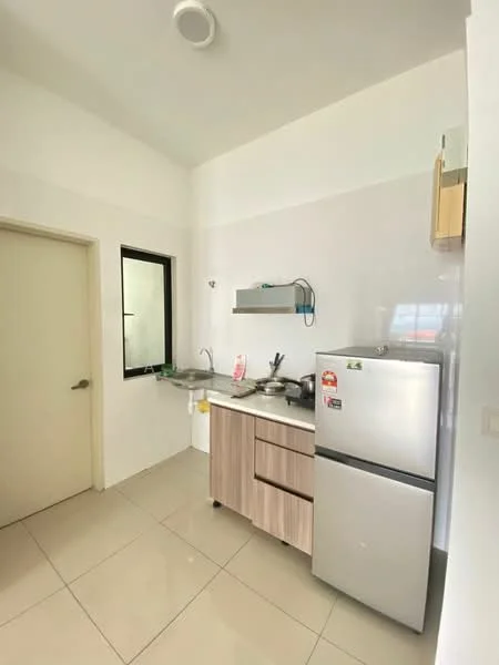 Kitchen features: white painted walls, glossy tile flooring, single-bowl stainless-steel sink, chrome pull-down faucet, wood cabinetry with laminate finish, built-in countertop, stainless-steel fridge, window above sink, cooking utensils on countertop, wall-mounted shelf, light fixture on ceiling; style: modern.