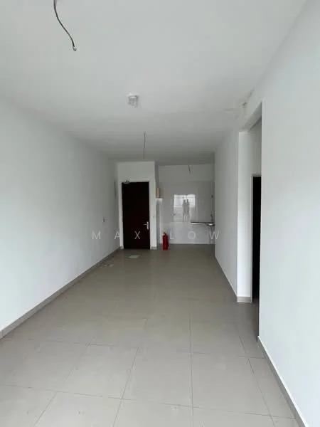Room features: white painted walls, tile flooring, ceiling lights, open layout, fire extinguisher, door to kitchen area, door to main entrance, no visible furniture; style: modern.