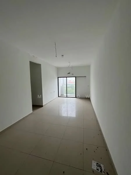 Room features: white painted walls, glossy ceramic tile flooring, floor-to-ceiling sliding glass door, natural light from window, ceiling with exposed wiring, no visible furniture or decor; style: minimalist; view: garden.