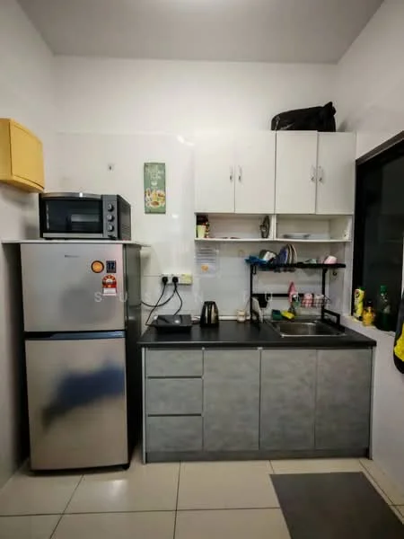 Kitchen features: stainless-steel fridge, built-in microwave, black countertop, grey cabinetry, white upper cabinets, kitchen sink, kettle, wall-mounted shelf, tile flooring, white walls, window with black frame; style: modern.