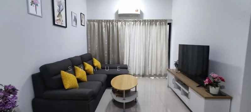 Living features: 3-seater fabric sofa in grey, yellow accent cushions, round coffee table with wooden top, TV console with storage, wall-mounted flat-screen TV, curtains with sheer and blackout layers, air conditioning unit, decorative wall art, ceramic floor tiles, potted plants; style: modern.