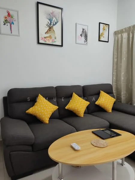 Living features: L-shape sectional sofa in grey, yellow decorative cushions, round wooden coffee table, remote control on table, framed artwork on walls, curtains in light beige, white painted walls, tile flooring; style: modern.