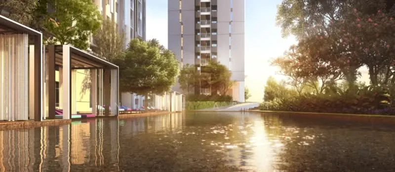 Exterior type: high-rise condominium; features: reflective water feature, landscaped garden with mature trees, manicured lawn, modern pavilion structures, outdoor seating area with loungers, pathway leading to building entrance, sunset lighting, lush tropical landscaping; style: modern.