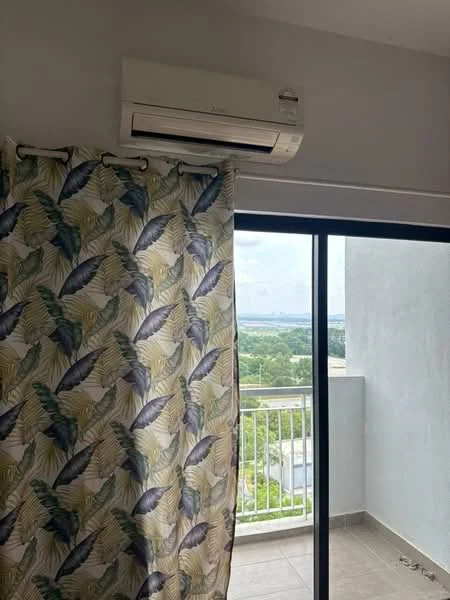 Room features: wall-mounted split AC, floor-to-ceiling sliding glass door, curtain with leaf pattern, grey tiled flooring, balcony access; view: city.