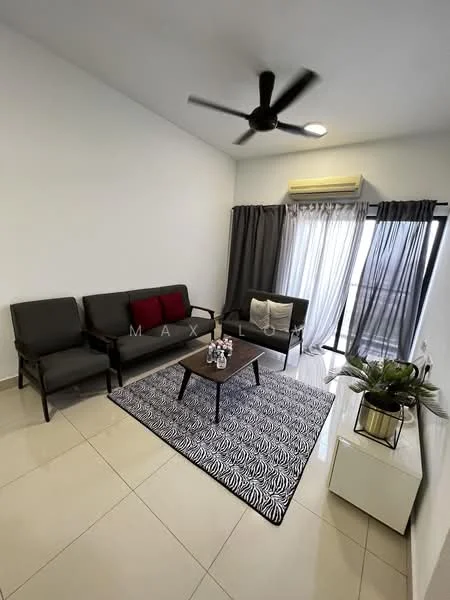 Living features: 3-seater fabric sofa in grey, 2-seater armchair in dark wood, coffee table with dark wood finish, area rug with geometric pattern, floor-to-ceiling windows, sheer curtains, blackout curtains, ceiling fan with light, wall-mounted air conditioning unit, decorative plant in pot, light-colored walls, glossy tile flooring; style: modern.
