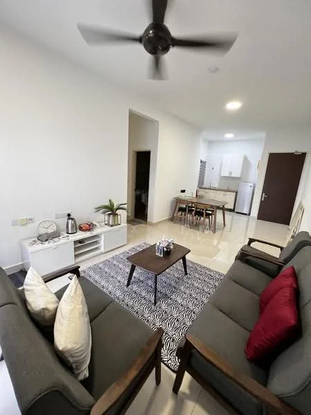 Living features: 2-seater fabric sofa in grey, 2-seater fabric sofa in grey, wooden coffee table, area rug with geometric pattern, 5-blade ceiling fan, wall-mounted TV console, decorative plant, decorative pillows, white painted walls, tile flooring; style: modern. Kitchen features: open kitchen layout, stainless-steel fridge, built-in cabinets, countertop, kitchen island, recessed lighting; style: modern.