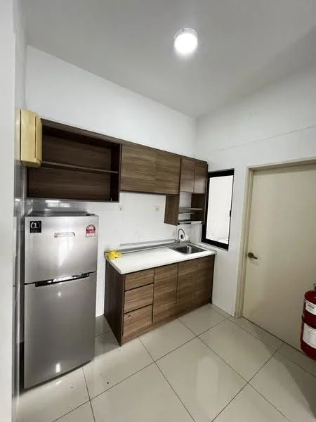 Kitchen features: stainless-steel fridge, single-bowl stainless-steel sink, chrome pull-down faucet, laminate countertop, wood cabinetry, open shelving, white tiled walls, ceramic tile flooring, recessed downlights, window with view to outside; style: modern.
