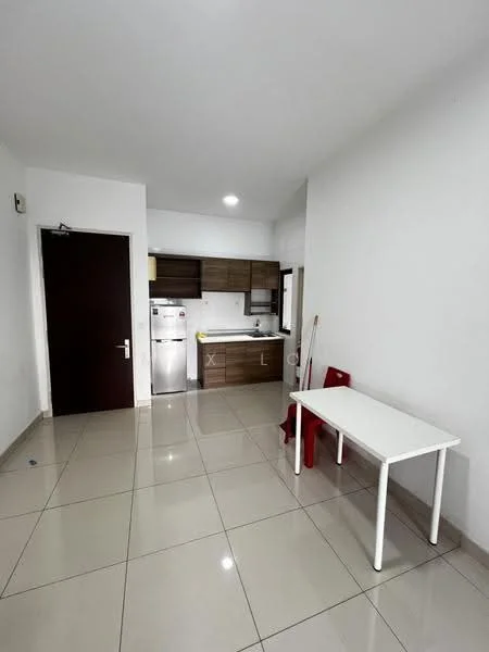 Room features: white painted walls, glossy ceramic tile flooring, kitchen cabinetry in wood finish, stainless-steel fridge, built-in kitchen countertop, single table with white surface, red plastic chairs, recessed ceiling lights, door leading to another room, open layout; style: modern.