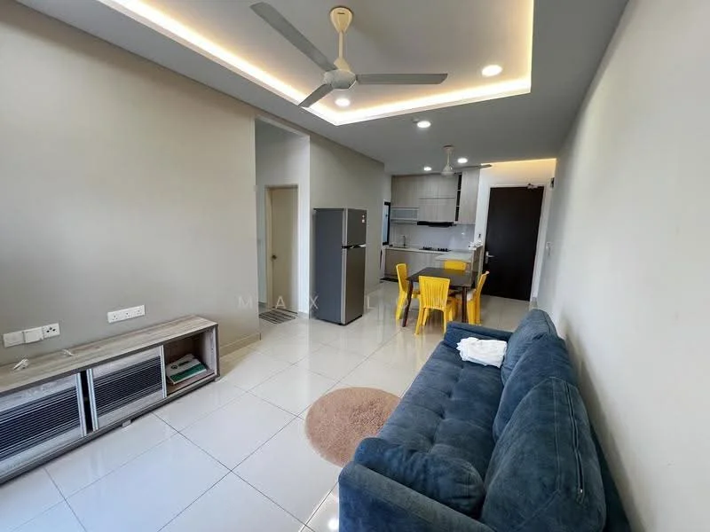 Living features: 3-seater fabric sofa in blue, coffee table, TV console, wall-mounted TV, recessed downlights, ceiling fan, white painted walls, glossy tile flooring, area rug, open-plan layout with dining area; style: modern. Dining features: 4-seater dining table, yellow plastic dining chairs, kitchen area visible in background, white cabinetry, stainless-steel fridge; style: modern.
