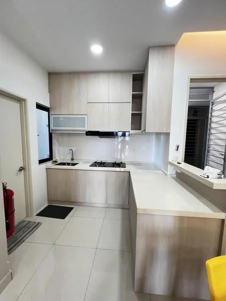 Kitchen features: light wood cabinetry, white quartz countertop, built-in microwave, 4-burner gas hob, stainless-steel sink, chrome pull-down faucet, white tiled backsplash, ceramic tile flooring, recessed LED downlights, open shelving, fire extinguisher mounted on wall; style: modern.
