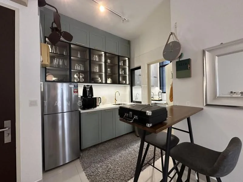 Kitchen features: grey cabinetry, white countertop, stainless-steel fridge, built-in coffee machine, double-bowl stainless-steel sink, chrome pull-down faucet, open shelving, glass cabinet doors, recessed lighting, rug on floor, bar table with two stools; style: modern.