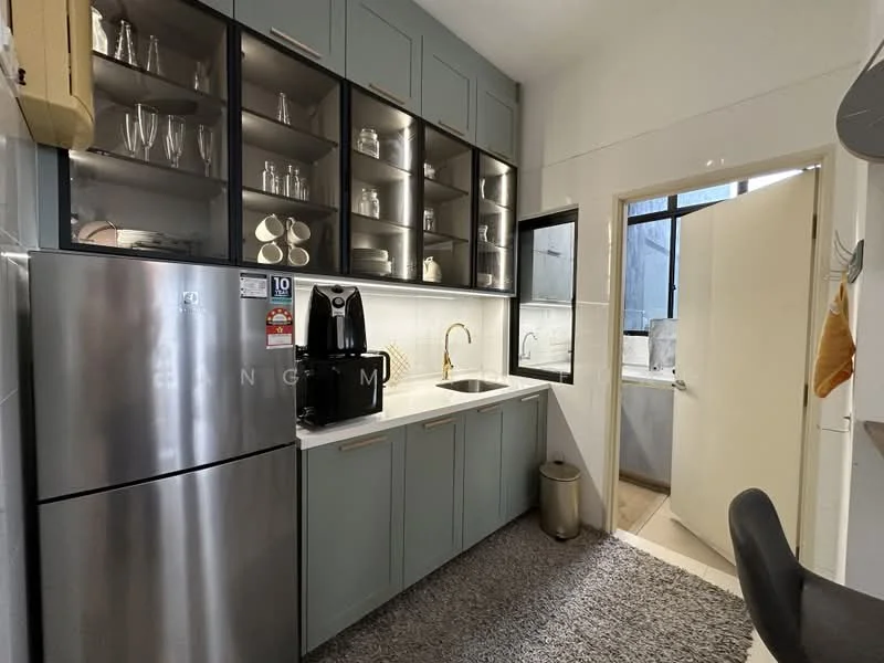 Kitchen features: light grey cabinetry, white countertop, single-bowl stainless-steel sink, gold gooseneck faucet, stainless-steel fridge, built-in coffee machine, glass-front upper cabinets, ceramic tile backsplash, recessed lighting, grey area rug, window with black frame, door leading to utility area; style: modern.