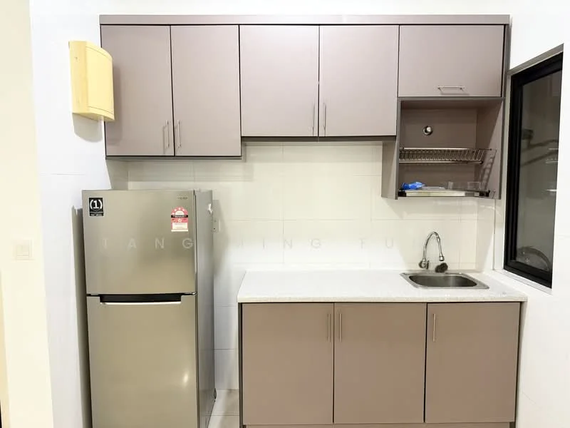 Kitchen features: stainless-steel fridge, grey upper cabinets, grey lower cabinets, white granite countertop, single-bowl stainless-steel sink, chrome pull-down faucet, tile backsplash, open shelving above sink, window with black frame; style: modern.
