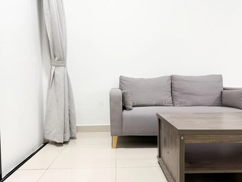 Living features: grey fabric sofa, wooden coffee table, white painted walls, light-colored floor tiles, floor-to-ceiling window, sheer curtains, minimalist decor; style: modern.