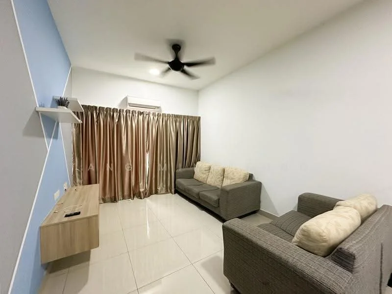 Living features: light grey fabric 3-seater sofa, light grey fabric 2-seater sofa, cream decorative cushions, wall-mounted shelf, floor-to-ceiling curtains in gold, white painted walls, cream tiled flooring, ceiling fan with light, air conditioning unit; style: modern.