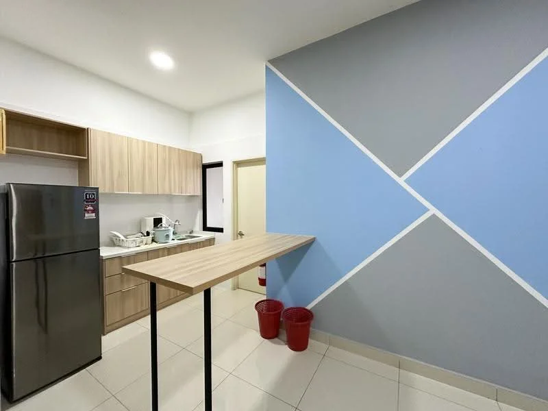 Kitchen features: stainless-steel fridge, wood cabinetry, laminate countertop, kitchen sink, white ceramic backsplash, open shelving, bar counter with stools, tile flooring, recessed ceiling lights, grey accent wall with geometric design; style: modern.