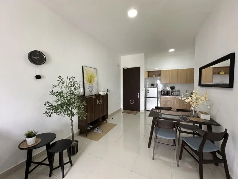Living features: white painted walls, glossy tile flooring, ceiling light, wall clock, wooden sideboard, small round side tables, dining table with four chairs, decorative plants, mirror, kitchen area visible in background; style: modern.
