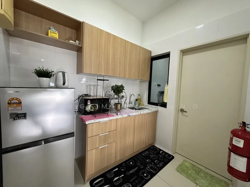 Kitchen features: wood cabinetry, white tiled backsplash, marble countertop, single-bowl stainless-steel sink, chrome pull-down faucet, stainless-steel fridge, built-in stove, window with black frame, fire extinguisher, black area rug with kitchen utensils pattern; style: modern.