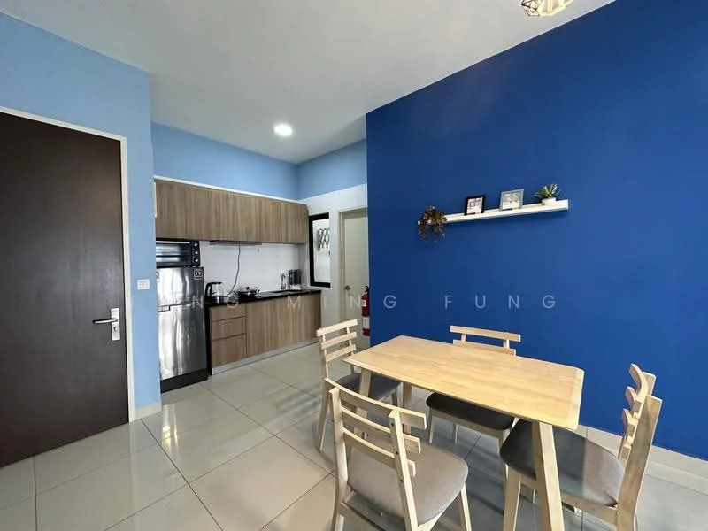 Dining features: blue accent wall, white painted walls, rectangular wooden dining table, 4 wooden dining chairs, ceramic tile flooring, recessed ceiling lights, built-in kitchen cabinetry, stainless-steel fridge, microwave, kitchen countertop, kitchen sink, kitchen backsplash; style: modern.