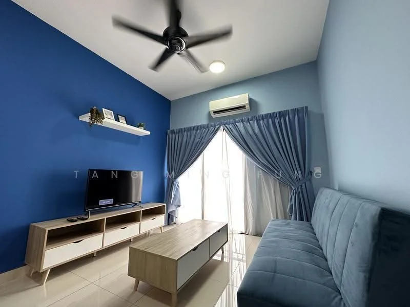Living features: blue painted walls, white ceiling, 5-blade ceiling fan with light, sliding glass door, sheer curtains, dark blue curtains, TV console, wall-mounted TV, sofa in blue fabric, coffee table with wooden legs, polished tile flooring, decorative shelf; style: modern.