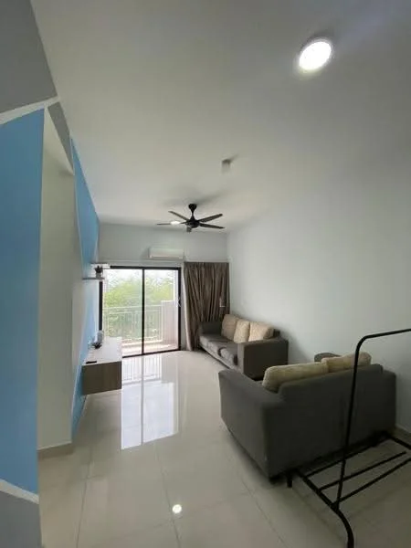 Living features: light grey fabric sofa, beige fabric sofa, wall-mounted TV, floating TV console, white painted walls, blue accent wall, recessed downlights, sliding glass door, floor-to-ceiling windows, curtains, glossy tile flooring, ceiling fan; style: modern; view: garden.