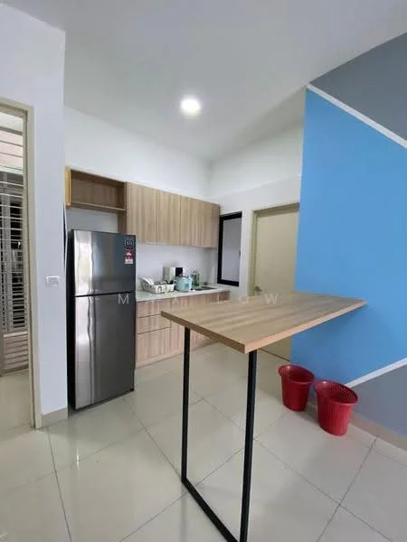 Kitchen features: stainless-steel fridge, wood cabinetry, laminate countertop, single-bowl stainless-steel sink, chrome pull-down faucet, ceramic tile flooring, recessed downlights, open shelving, breakfast bar with wooden top and metal legs, white walls, blue accent wall; style: modern.
