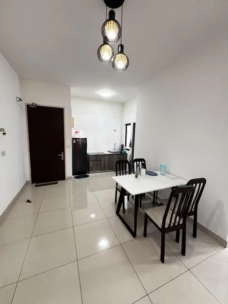 Dining features: white walls, glossy tile flooring, 4-seater dining table, wooden dining chairs, pendant lighting with three bulbs, fridge, kitchen cabinetry, window with natural light; style: modern.