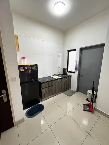 Kitchen features: white tiled walls, light grey cabinetry, black countertop, single-bowl stainless-steel sink, chrome pull-down faucet, black fridge, built-in stove, tile flooring, overhead cabinet, window with black frame, door to hallway, cleaning supplies visible; style: modern.