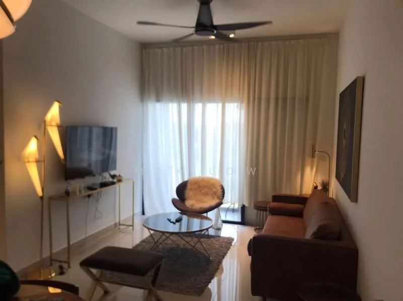 Living features: 3-seater brown leather sofa, glass coffee table, floor-to-ceiling windows, sheer curtains, wall-mounted TV, golden metal TV console, ceiling fan, decorative wall art, marble flooring, area rug; style: modern.